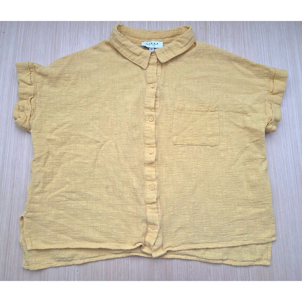 GILLI Women's M  Button-Up Blouse Shirt Yellow Boxy Fit Relaxed Gauze Cotton